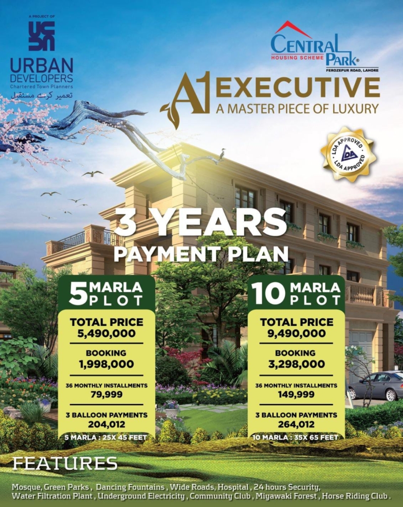 A1 Executive Block in Central Park Lahore New Payment Plan